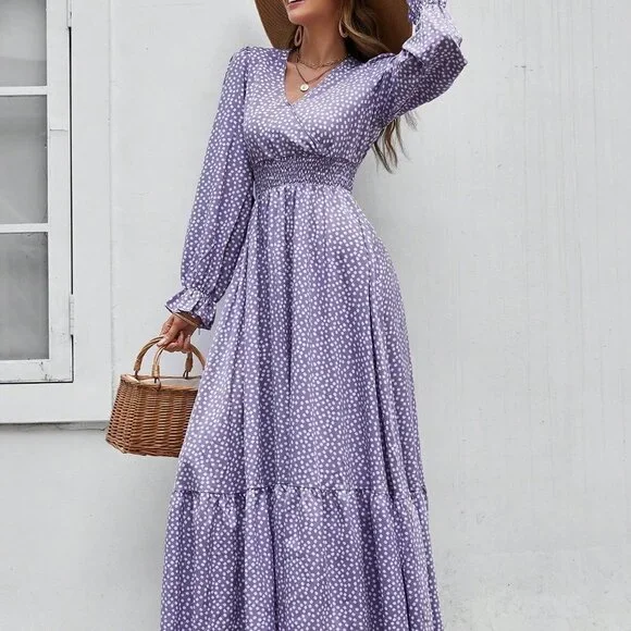 Purple Boho Womens Ditsy Floral Print Flounce Sleeve Shirred Dress - Picture 4 of 5